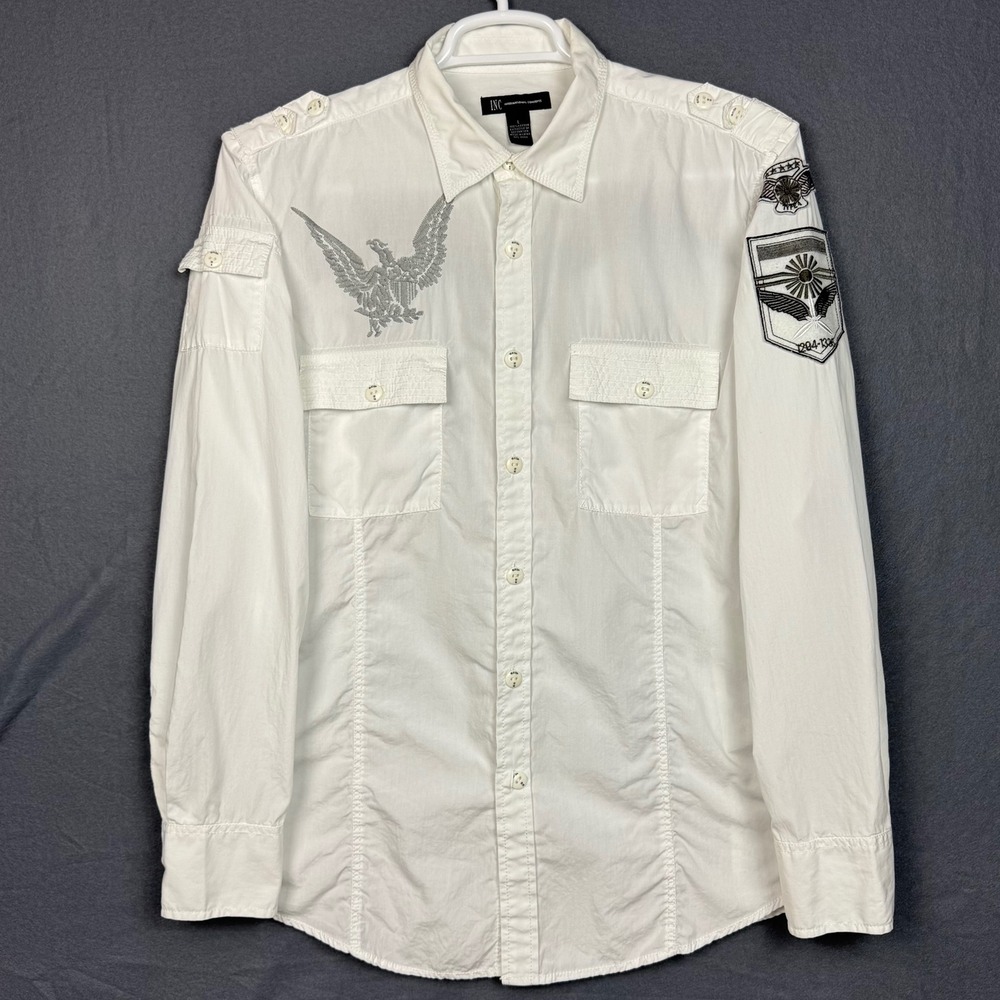 INC International Concepts Mens L White Eagle Military Button Front Shirt Y2K